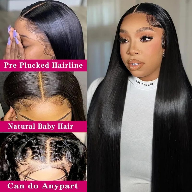 13x4 Lace Frontal Closure Straight Ear to Ear HD Lace Frontal Pre Plucked 16 Inch Brazilian Virgin Human Hair Frontals Free Part 150% Density Hair Extensions Natural Black