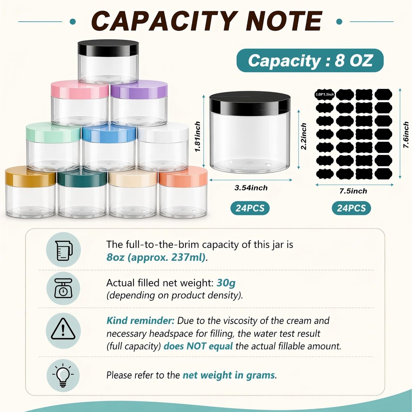 Dandat 24 Pcs 8 oz Plastic Jar Container with Gold Lid and Label Refillable Empty Round Clear PET Cosmetic Sample Slime Containers for Lotion, Cream, Ointments, Body Butter, Makeup Travel Storage