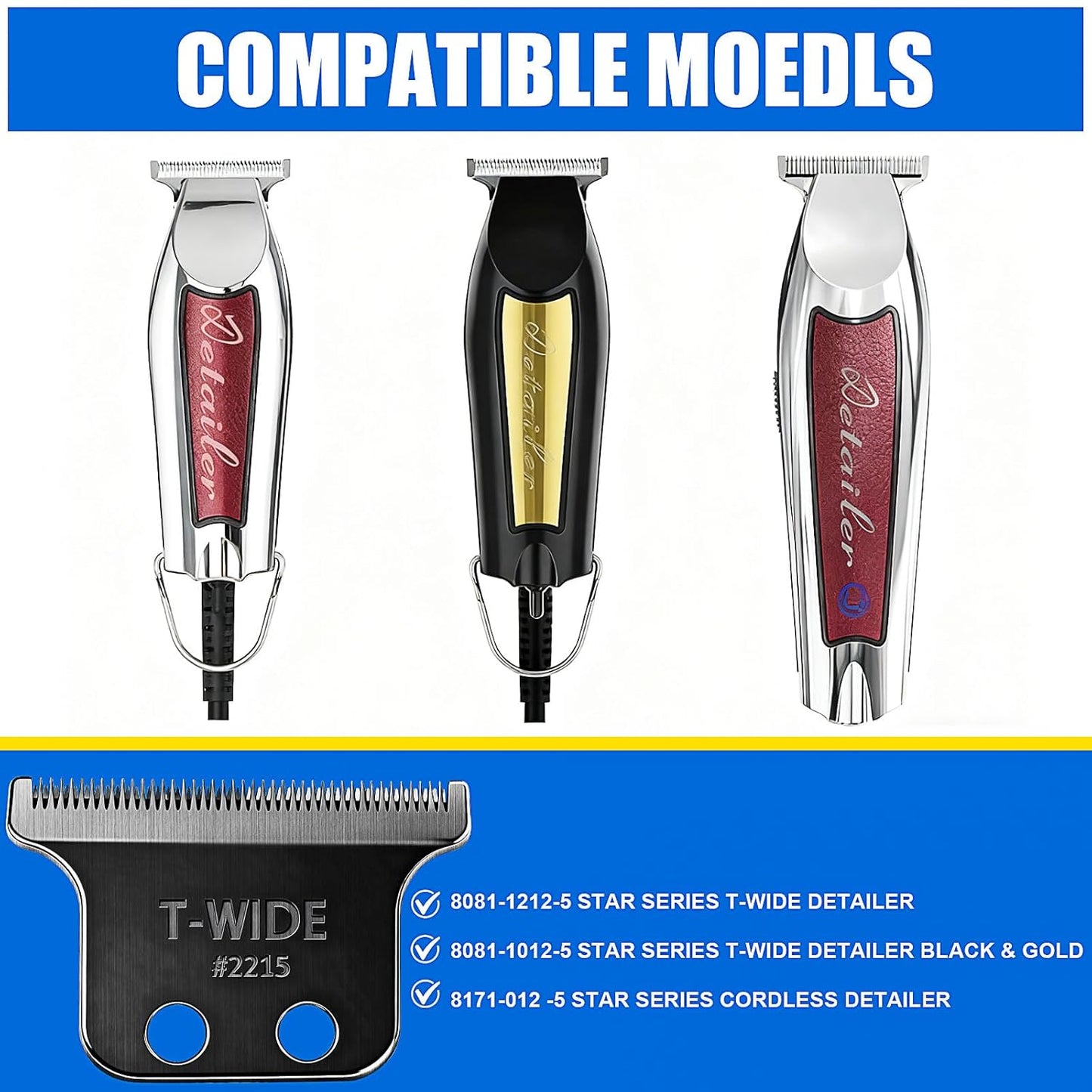 Replacement T Wide Blades for Wahl 5 Star Detailer Li Trimmer - Adjustable Stainless Steel Zero-Gap Blade | 1PC Black