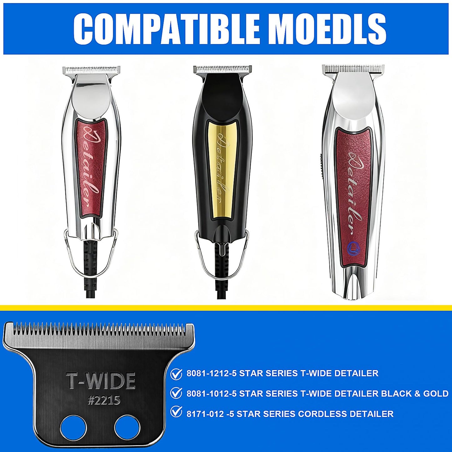 2PCS 2215 Replacement T Wide Blades Compatible with Wahl 5 Star Detailer Li Trimmer(8081) and (8171) - Adjustable Stainless-steel Zero-Gap Trimmer Blade ((3PCS-Black)