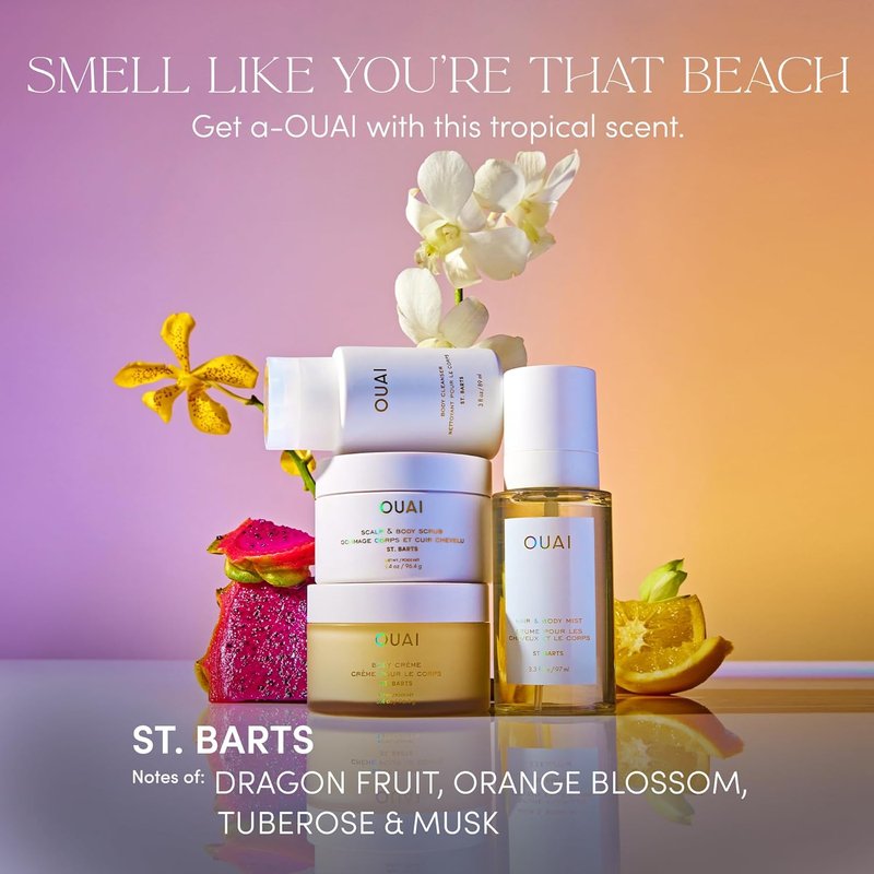 OUAI St. Barts Travel Bundle | Scalp & Body Scrub, Shower Gel, Hydrating Cream & Mist - 4 Travel Size Products (3.4 Oz)