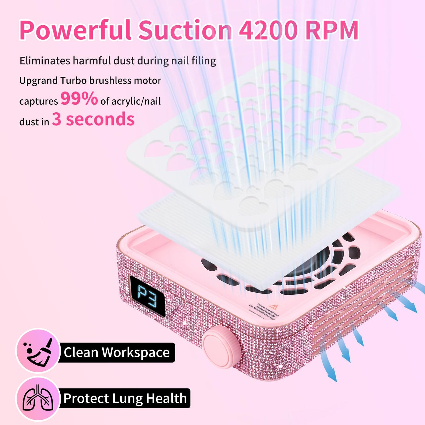 BQAN Portable Nail Dust Collector with 4200RPM Fan Pink Rhinestones