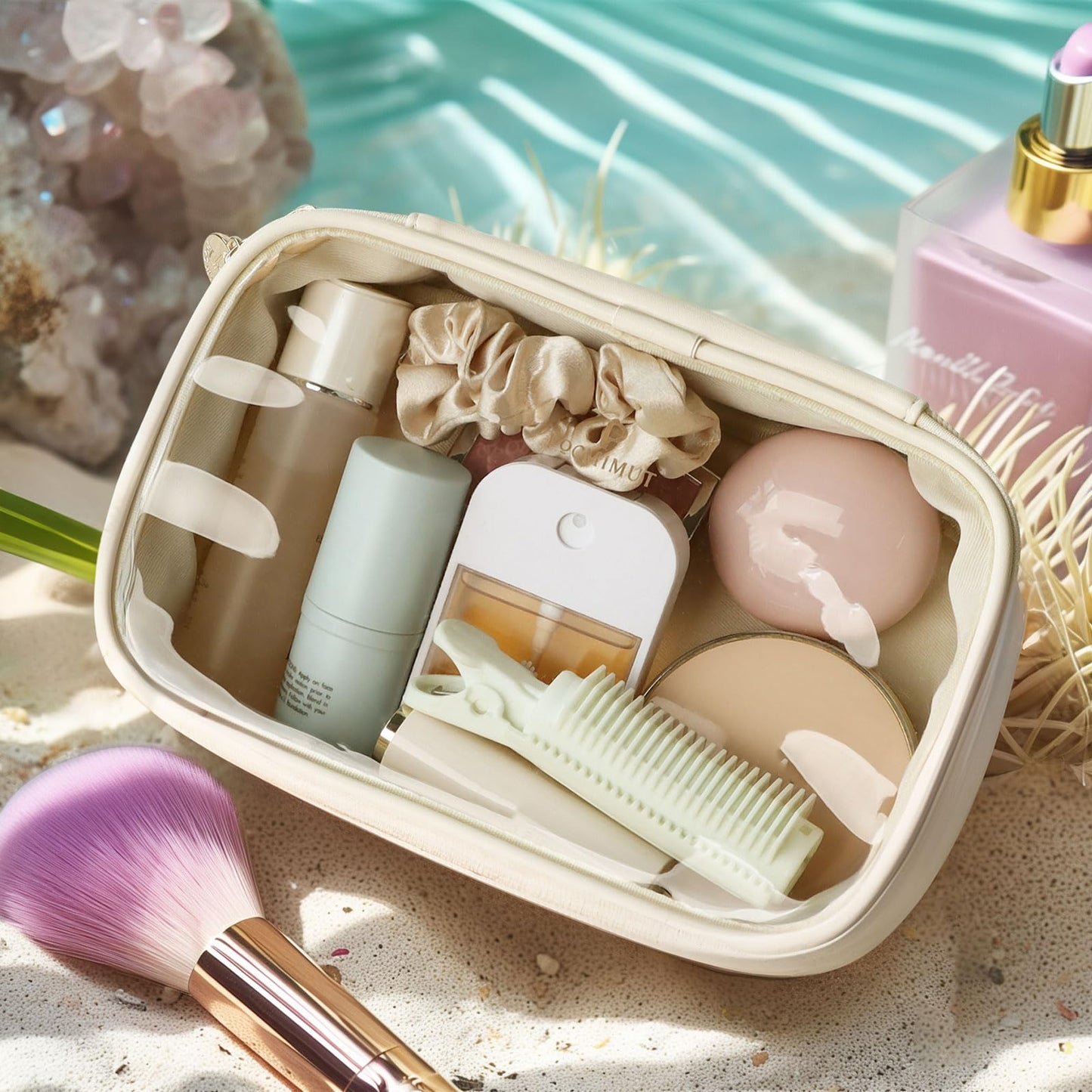 Pocmimut Clear Makeup Bags,Small Makeup Pouch with Large Cosmetic Bag Toiletry Bag Car Accessories Storage for Women,Travel Essentials Organizers,Beige