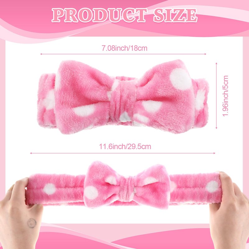 Wavyknot 50 Pcs Pink Spa Headband Bulk Spa Sleepover Party Supplies for Washing Face with Removable Bow Makeup Elastic Bowknot Headbands for Women Gifts Soft Skincare Microfiber Hairbands(Dots Style)