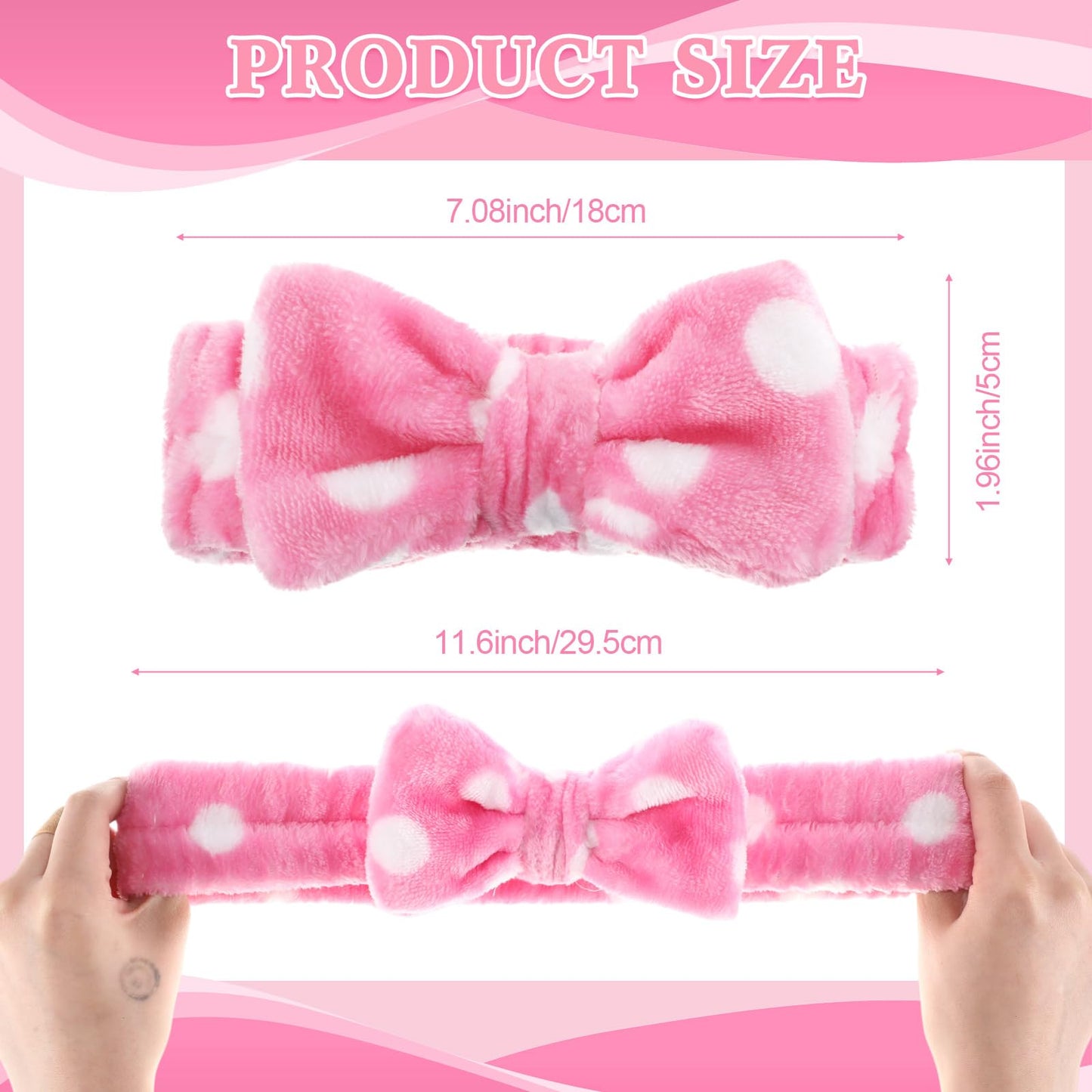 Wavyknot 50 Pcs Pink Spa Headband Bulk Spa Sleepover Party Supplies for Washing Face with Removable Bow Makeup Elastic Bowknot Headbands for Women Gifts Soft Skincare Microfiber Hairbands(Dots Style)