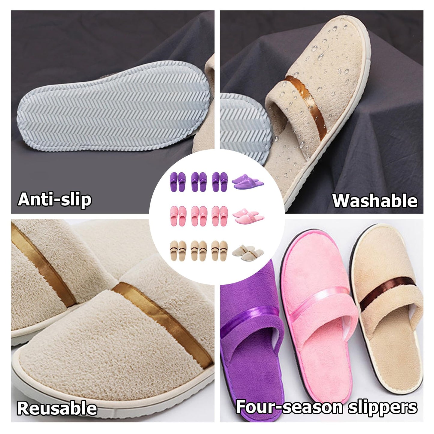 Hyuetrsa 12 Pcs Guest Slippers ,House Shoes for Guests Bulk Washable Non Slip Disposable Slippers Washable Closed Toe Soft Coral Fleece Hotel Slippers House, Indoor, Bathroom, Spas, Travel(US Women Size 11)