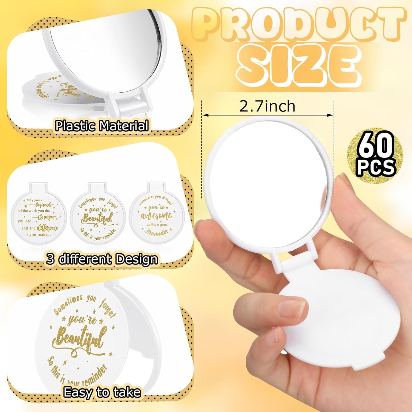 Inspirational Mini Compact Mirrors - 64 Pcs Bulk Set for Women | Perfect Party Favors & Travel Gifts (White)