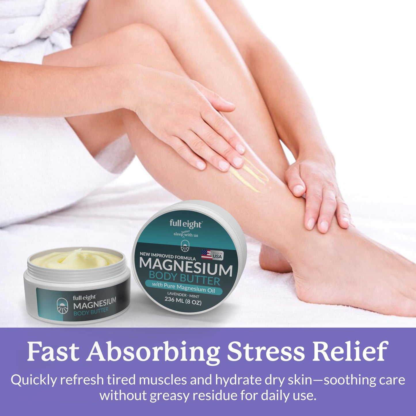 Full Eight Magnesium Body Butter – New Improved Formula, Quick Ease for Tensed Legs, Tight Muscles & Sleep, Organic Ingredients with Pure Magnesium Oil, Topical Cream, 8oz