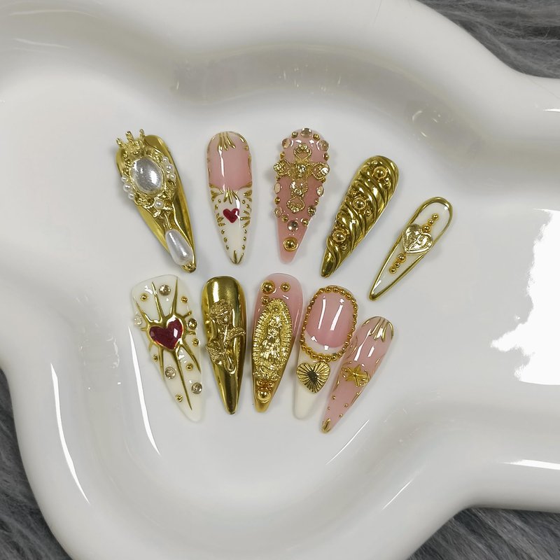 TENPAL 10Pcs Handmade Egyptian Press On Nails With Tools,Golden Palace Long Stiletto Glue on Nails,Glossy Sacred Rose & Cross Charms Fake Nails with Crystal Luxe,Acrylic Nails for Women Gifts(M)
