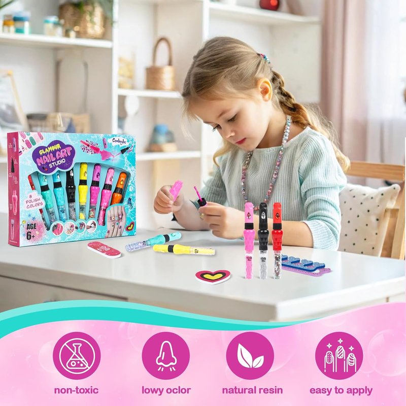 Nail Art Pen Set for Kids - 8 Non-Toxic Glitter Polishes & Doodle Tips | Creative Nail Kit for Girls Ages 7-12