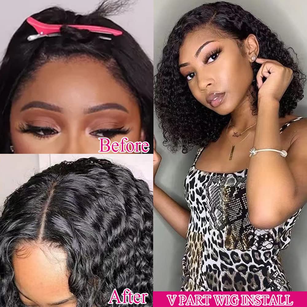 Amznlady Pixie Cut Wigs Curly V Part Wig Human Hair No Leave Out Brazilian Human Hair Half Wig for Black Women Upgrade U Part Wigs Glueless 180% Density Natural Black 8 Inch