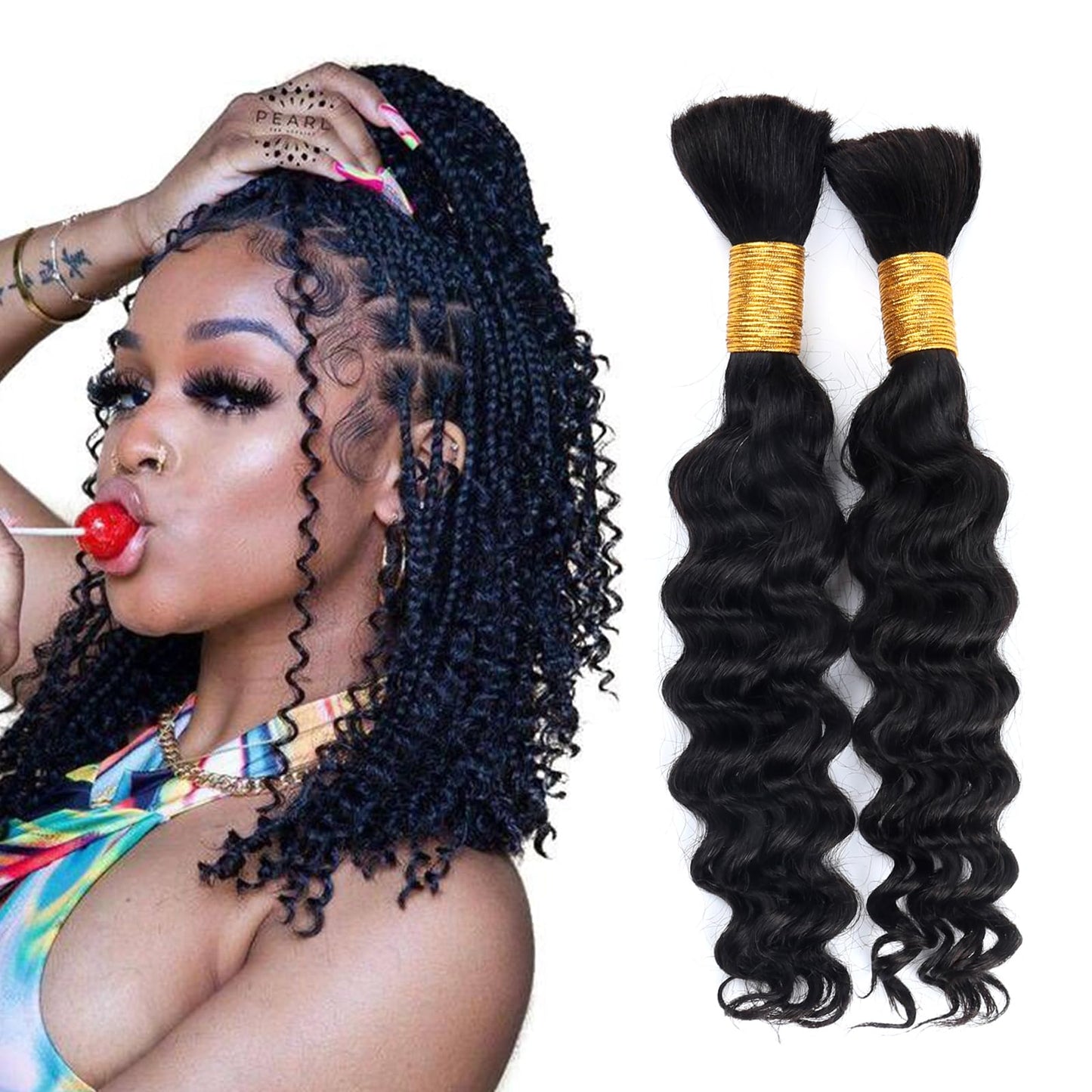 B-Fashion Human Braiding Hair for Boho Braids Deep Wave Bulk Human Hair for Braiding 18 Inch 2 Bundles 100G 100% Brazilian Wet and Wavy Curly Extensions No Weft Bundles