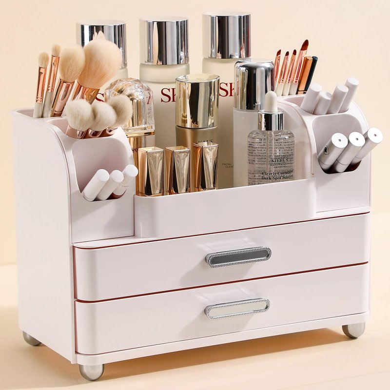 Anyoifax Makeup Organizer Countertop with Large Drawers, Vanity Organizer with Brush Holder, Skin Care Storage for Dresser, Perfume Organizer for Lotion, Lipsitck, Palette, All White