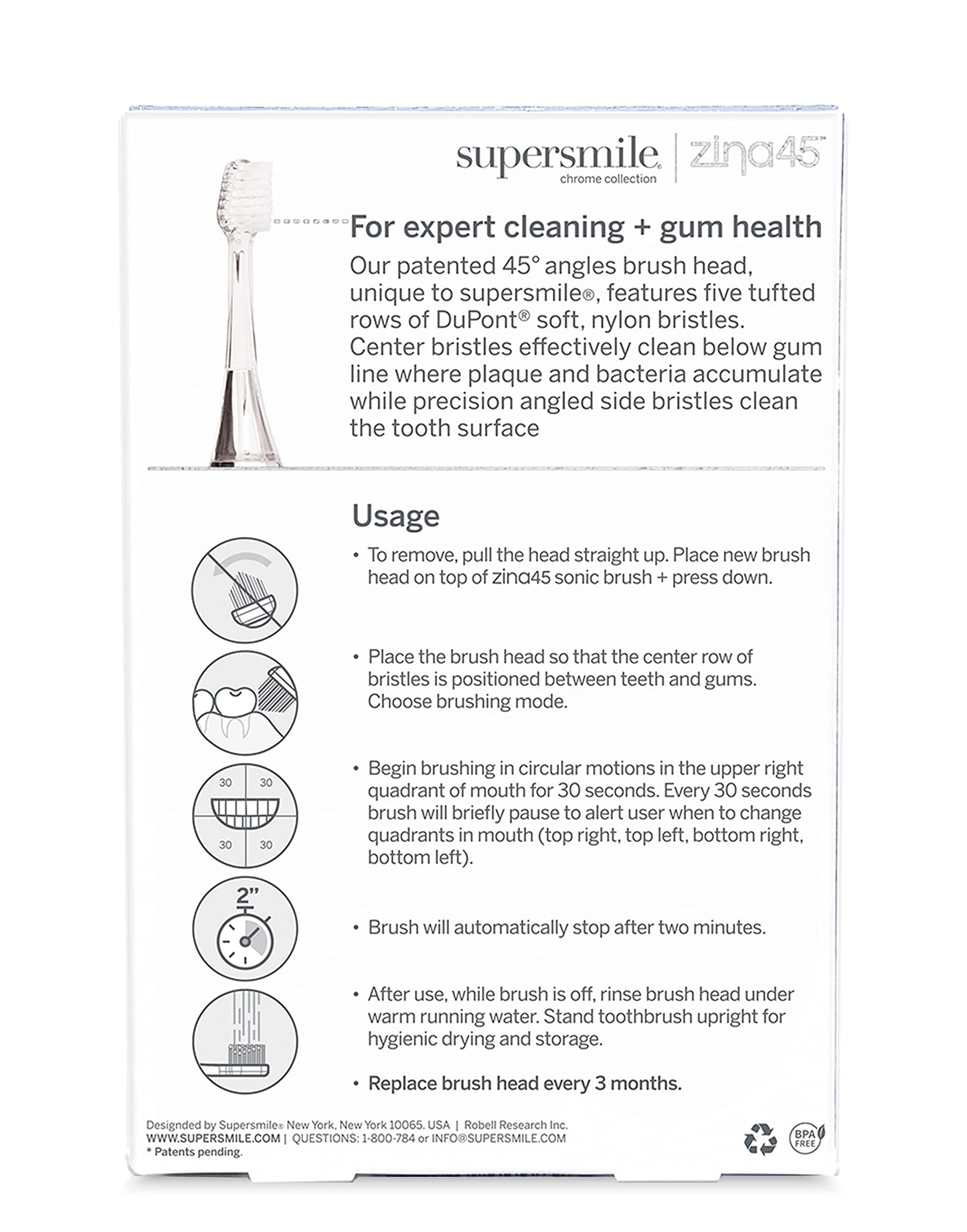 Supersmile Zina45 Replacement Brush Heads, Silver, 2-Pack