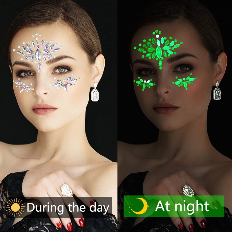 Glows Face Gems Jewels, 4 Pack Noctilucent Stickers Glow in the Dark Tattoo Crystals Body Gems Stick on for Halloween Carnival Festival Party