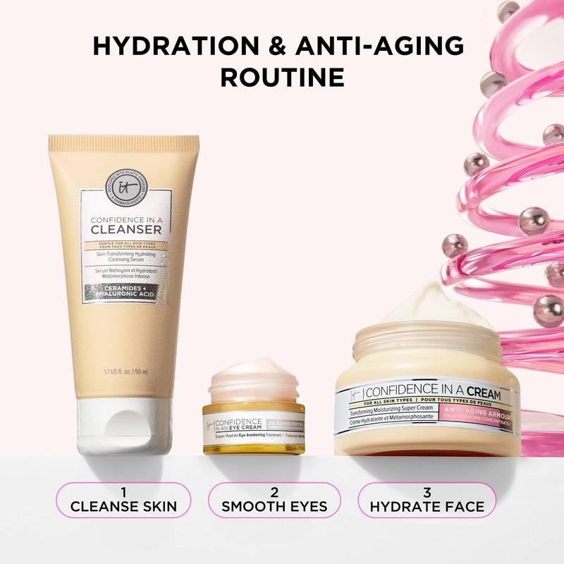 IT Cosmetics Unwrap Healthy Hydration Anti-aging Skincare Set, 3-Pc Holiday Giftset for Her - Confidence in a Cream Face Moisturizer (Full Size) & Gentle Facial Cleanser & Smoothing Eye Cream