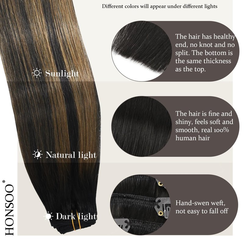 Honsoo Clip In Hair Extensions Real Human Hair Natural Black to Chestnut Brown 70g 7pcs 12inch Short Remy Human Hair Seamless Clips Soft Hair No Tangles