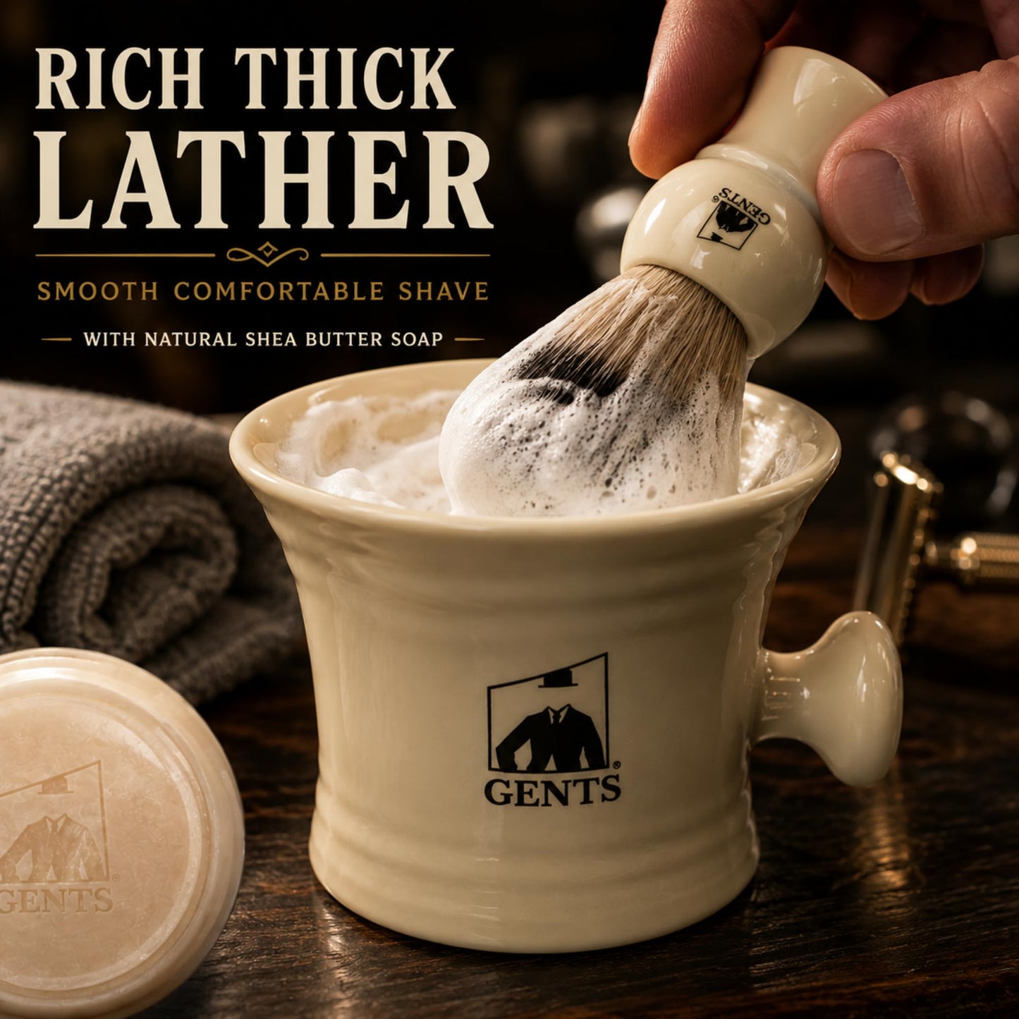 GENTS Heavy Duty Ceramic Shaving Set – Classic Grooming and Beard Shaving Kit for Men, Ceramic Shave Mug, 3 oz Natural Shaving Soap and Shaving Brush