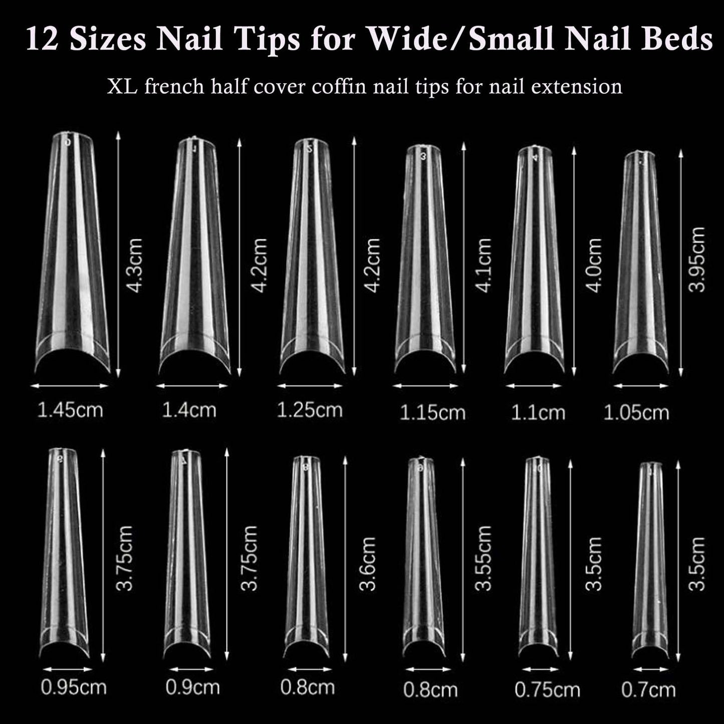 240pc Extra Long French Coffin Nail Tips, Soft Gel Coffin Fake Nails, XL Gel Nail Tips Half Cover Curved Ballerina False Nails, Extra Long Artificial Fingernail 12 Size for Acrylic Nail Extension