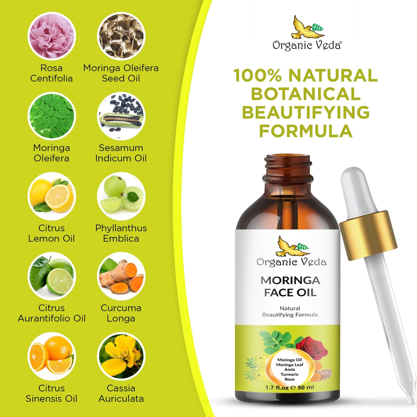 Organic Veda Moringa Face Oil - Hydrating, Fast Absorbing, Miracle Tree Antioxidants, Facial Serum - Organic Moringa Oil, Turmeric, Rose -Anti-Aging, Non-Greasy Day & Night Beautifying Oil -50ml