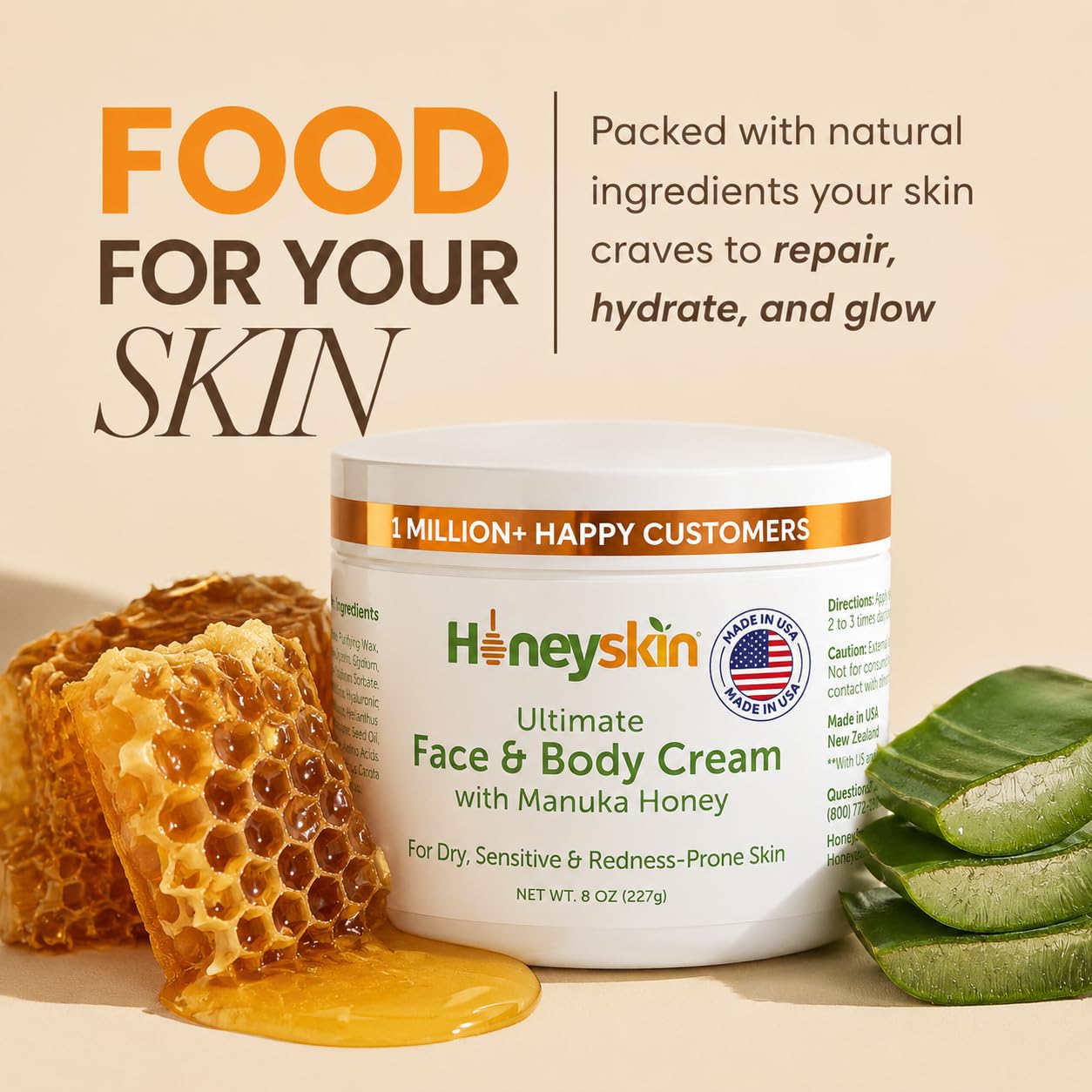 Honeyskin Ultimate Face & Body Cream with Manuka Honey MGO 514+ - Organic Hydrating Moisturizer for Extremely Dry, Sensitive Skin - Soothing Cream for Dry, Itchy & Flaky Skin 8oz