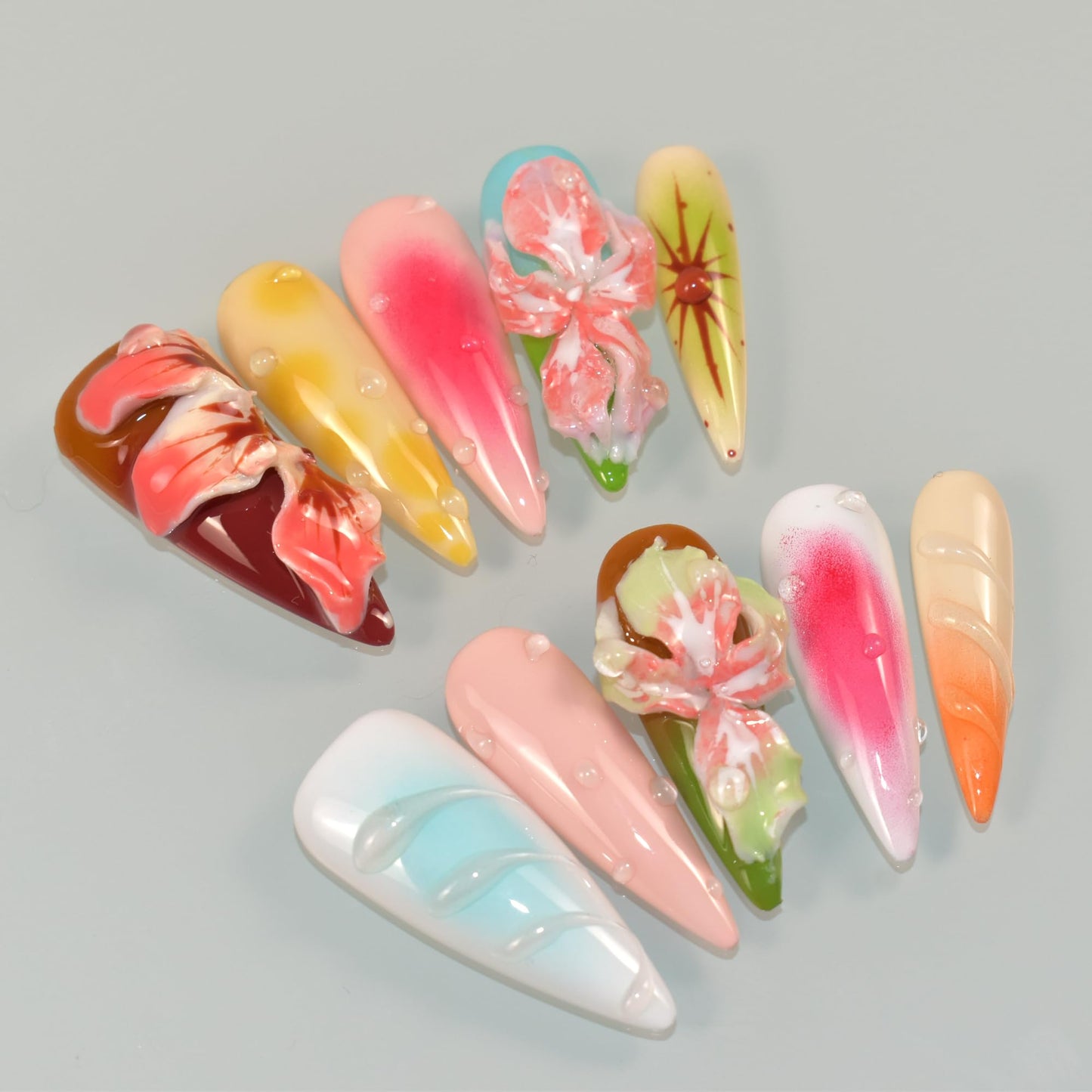 LIFOOST Manual Press on Nails 10Pcs with Hand Carved Flower Petals Long Almond Handmade Nails for DIY Manicure Decorations, Size Medium