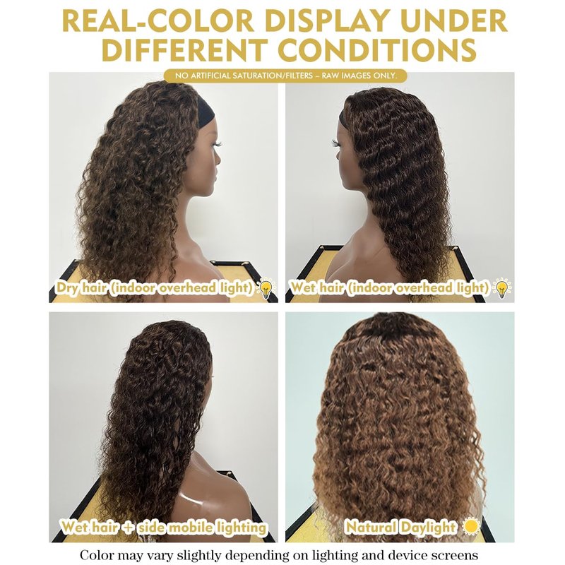 NICMISS Chocolate Brown Headband Wig Human Hair Deep Wave Human Hair Wigs for Black Women 12 Inch Curly Headband Wig Glueless None Lace Front Brazilian Virgin Hair Wear and Go 150% Density