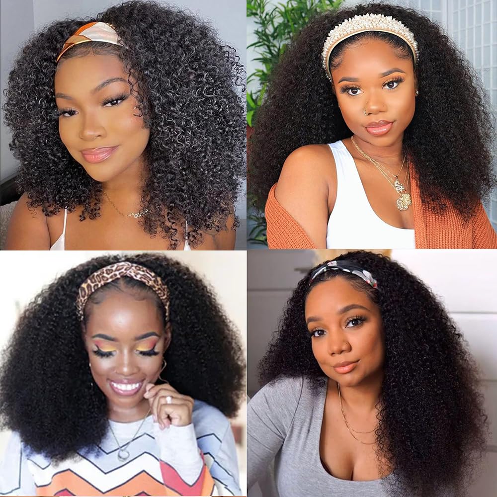 Headband Wig - Human Hair Kinky Curly 12 Inch | Glueless Brazilian Wig for Black Women, 150% Density, Natural Color