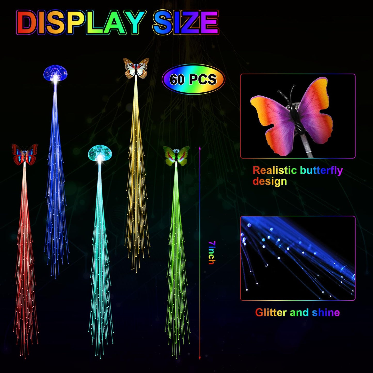 60 Pack Glow Hair Clips Light Hair Accessories 30 LED Lights 30 Butterfly Fiber Optic LED Extension Barrettes Rave Glow in The Dark Flash Barrettes Braid