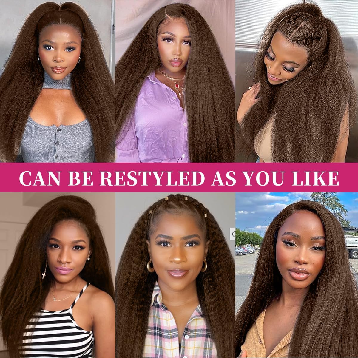 14 Inch Chocolate Brown Kinky Straight Clip in Hair Extensions Real Human Hair Clip in Extensions 8Pcs 110g 20 Clips Brazilian Virgin Hair Yaki Straight Clip ins Double Weft
