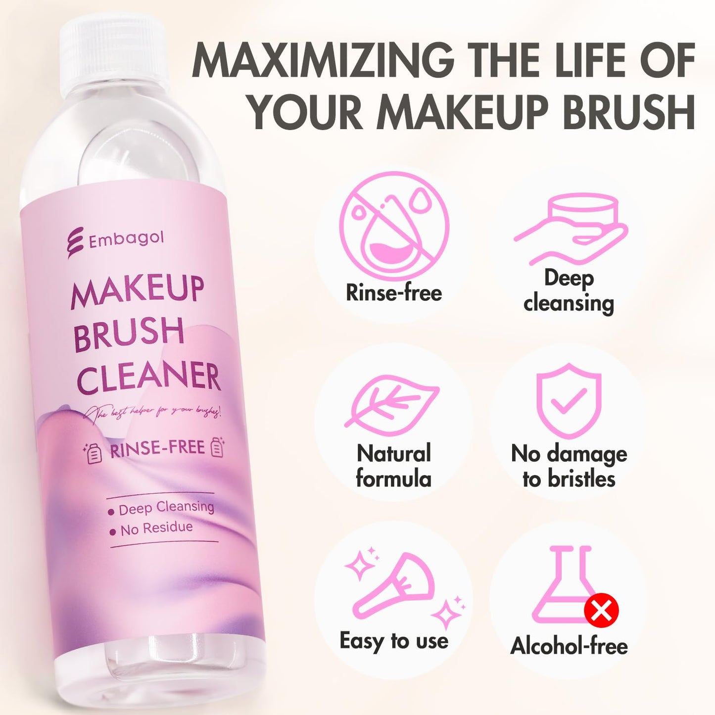 Embagol Makeup Brush Cleaner, Easily Remove Stubborn Makeup, Dirt & Impurities from Makeup Brushes, Rinse-Free & Quick Drying & Vegan & Cruelty-Free(1000 ml/33.8 fl oz, pack of 2)