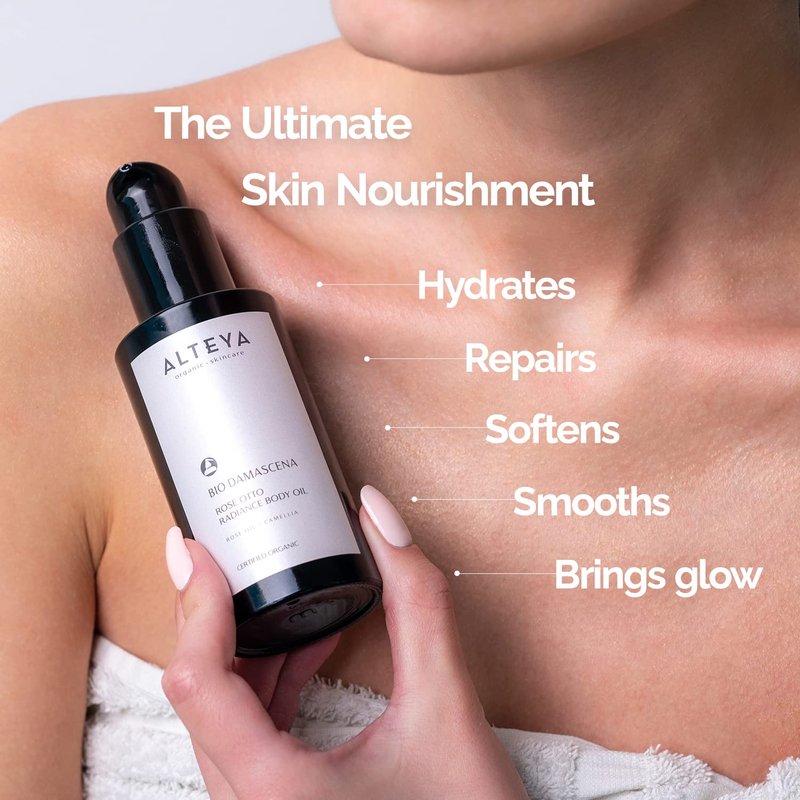 Alteya Organics Bio Damascena Rose Otto Radiance Body Oil - Certified Organic Body Moisturizer With Rose and Camellia Oil - Winner of Delicious Living Magazine Gold Award - 3.4Fl Oz/100mL