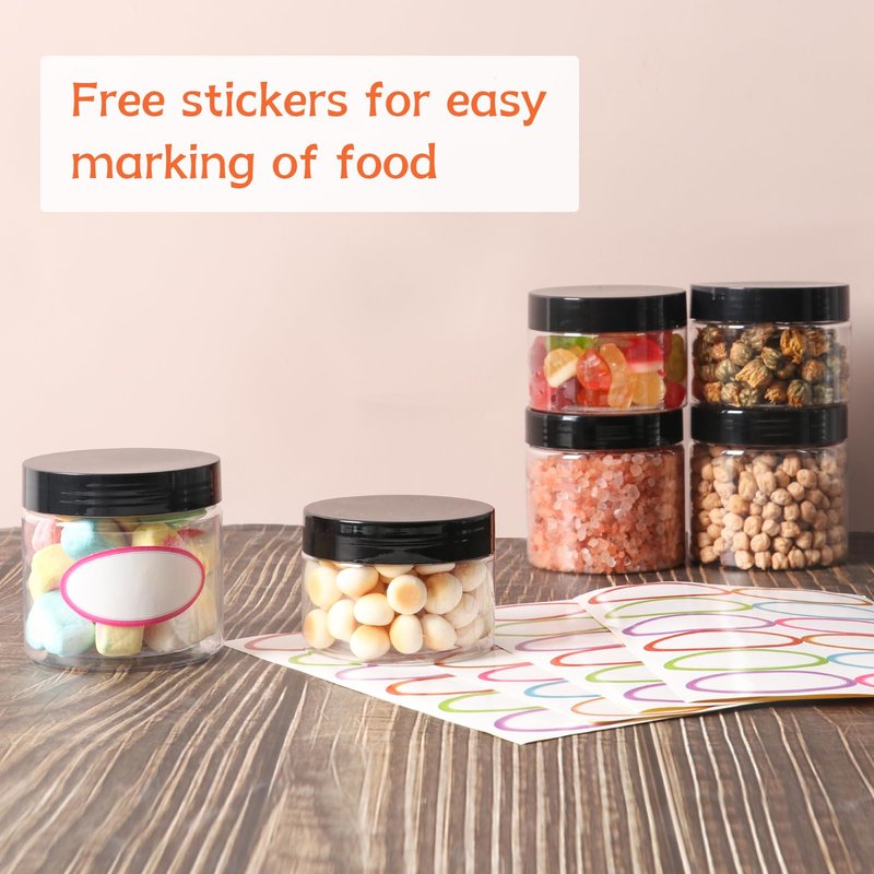 Homerove 48 Pack 4 OZ Plastic Jars with Lids, Empty Round Clear Slime Cosmetic Container with Labels, Leakproof Multi-use Refillable Storage Jar for Beauty Products, Samples, Travel, Food