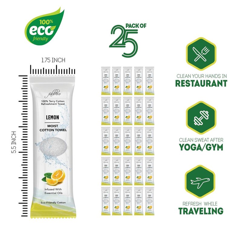 FabbPro Oshibori Moist Terry Cotton Refreshment Towels (25 Pack, 8 x 8 Inches) - White Scented Pre-moistened Essential Oil Infused Towel to Use Hot or Cold - Lemon Scent