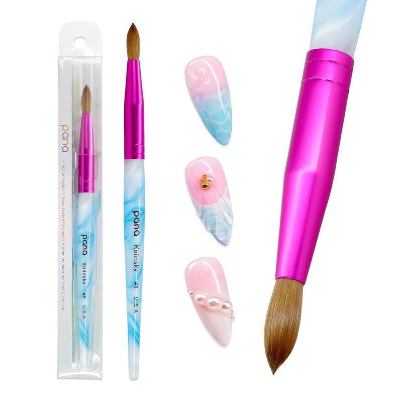 Acrylic Nail Brush - Pure Kolinsky Hair with Blue Swirl Handle | Size 8, Round Shape