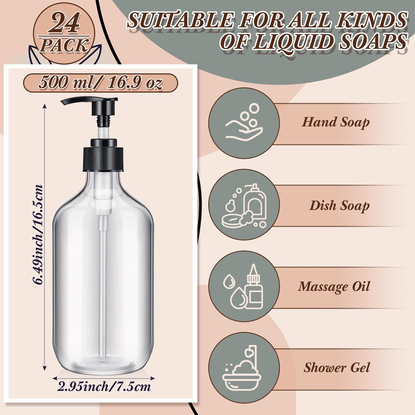 Tessco for You 24 Pcs Clear Soap Dispenser Empty Plastic Pump Bottles Refillable Shampoo Container for Hand Sanitizer Soap Lotion Body Wash Conditioner Bathroom Kitchen Travel, 16.9oz
