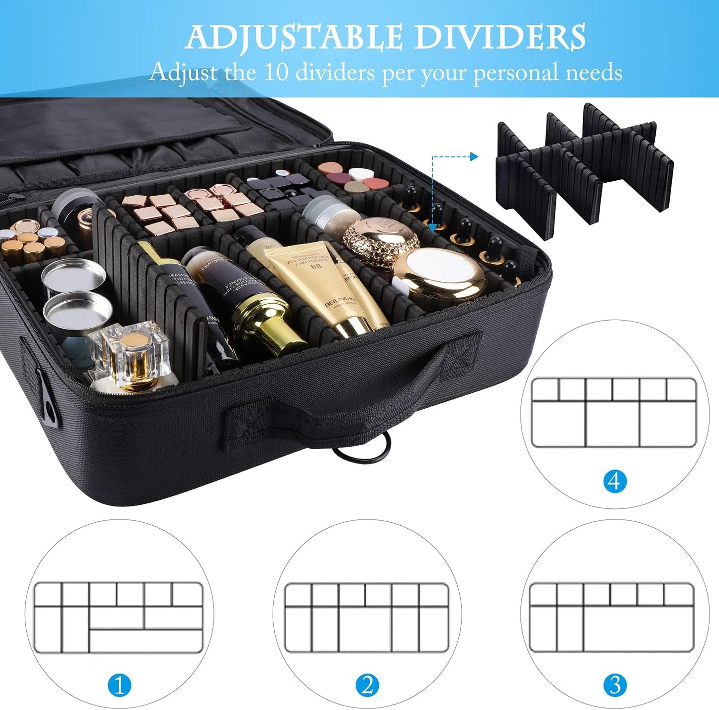 Travel Makeup Train Case - Large Capacity Cosmetic Bag Organizer for Women | Adjustable Dividers & Shoulder Strap - Black, Large
