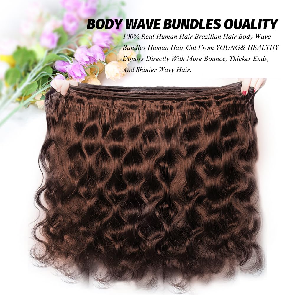 ALLRUN 16 Inch Brown Human Hair Bundle Body Wave 1 Pc - 100% Unprocessed Brazilian Virgin Hair Extensions Chocolate Brown Bundles Human Hair 4# Color (12A)