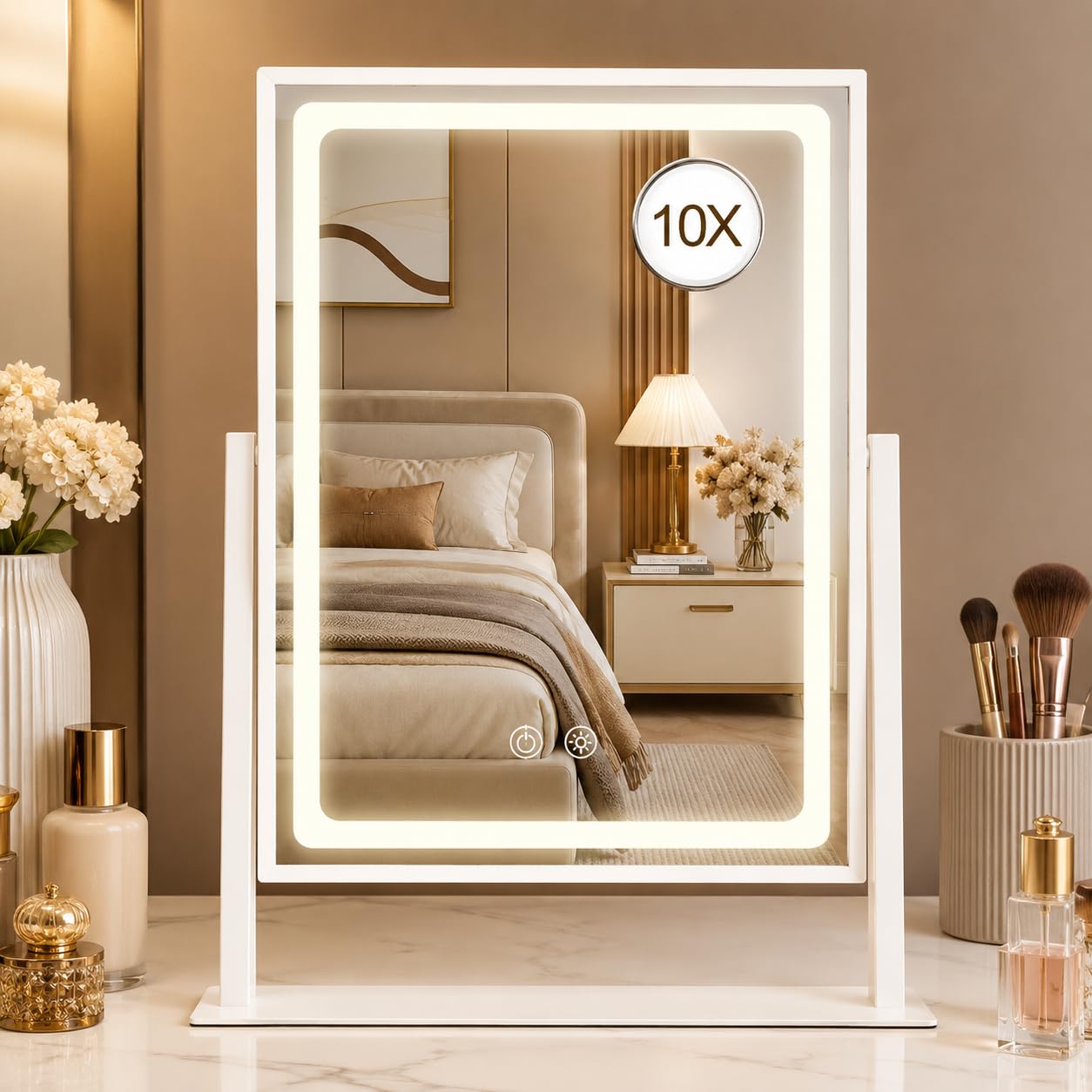 BRIGHTINWD Vanity Mirror with Lights - 13.78"× 10.23" Adjustable Lighted Makeup Mirror for Desk, Detachable 10X Magnification Mirror, Touch Sensor, Desk Mirror for Bedroom & Dressing Room (White)