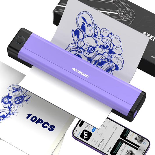 Padieoe Tattoo Stencil Printer with 10Pcs Transfer Paper - Bluetooth, Wireless, 2000mAh - Portable Thermal Printer Machine for Tattooist- 11.5x2.6x1.8in - Purple