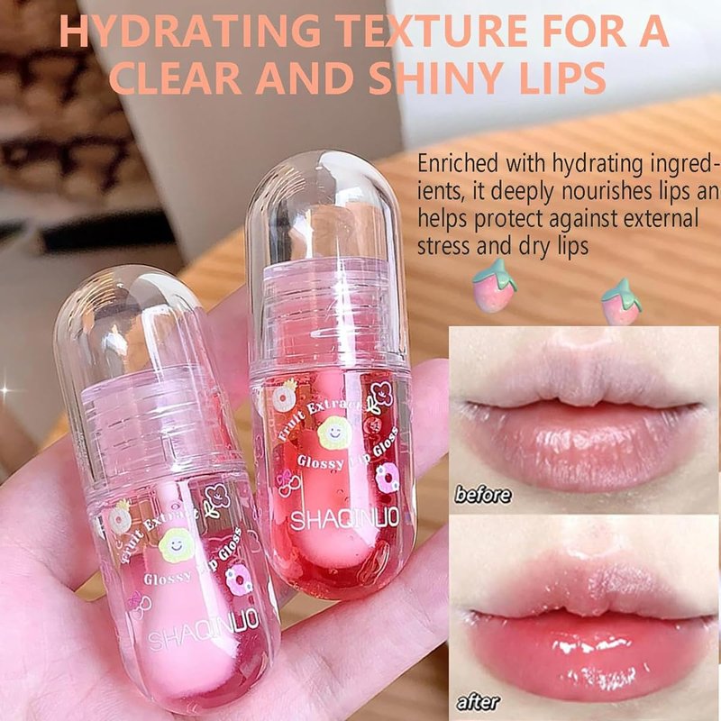 Pakivs 4Pcs Fruit Flavored Lip Gloss Oil Set,Big Brush Head Lip Oil,Cute Lip Hydrating Nourishing Lip Gloss, Jelly Glossy Finish Lip Glow Oil,Party Gift for Women,