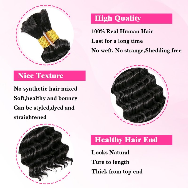 Deep Wave Bulk Human Braiding Hair - 100% Brazilian Virgin Hair for Knotless Braids | 18 Inch, 1B Color, 100g