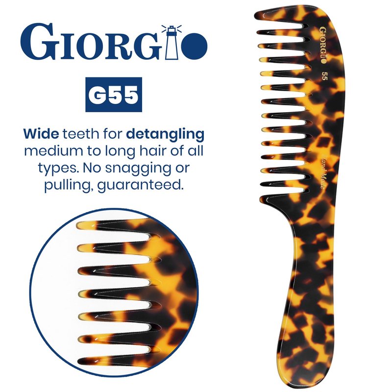 Giorgio G55 TY Wide Tooth Comb for Wet Hair Detangling Comb, Hair Comb for Thin to Medium Thickness Hair Detangler, Hair Combs for Women, Handmade Large Tooth Comb Rake Comb Saw-Cut and Hand Polished