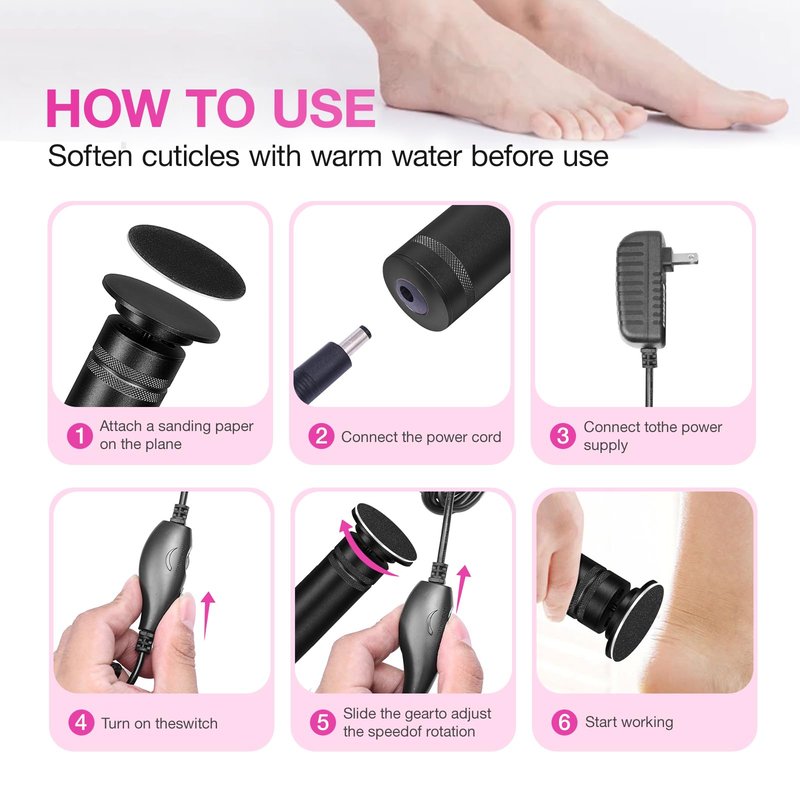 Hocent Upgrade 1200RPM Electric Callus Remover for Feet, Powerful Electric Foot File with 60 Sandpaper Discs, Adjustable Speed, Plug-in Pedicure Tool for Cracked Heels & Dead Skin, Black