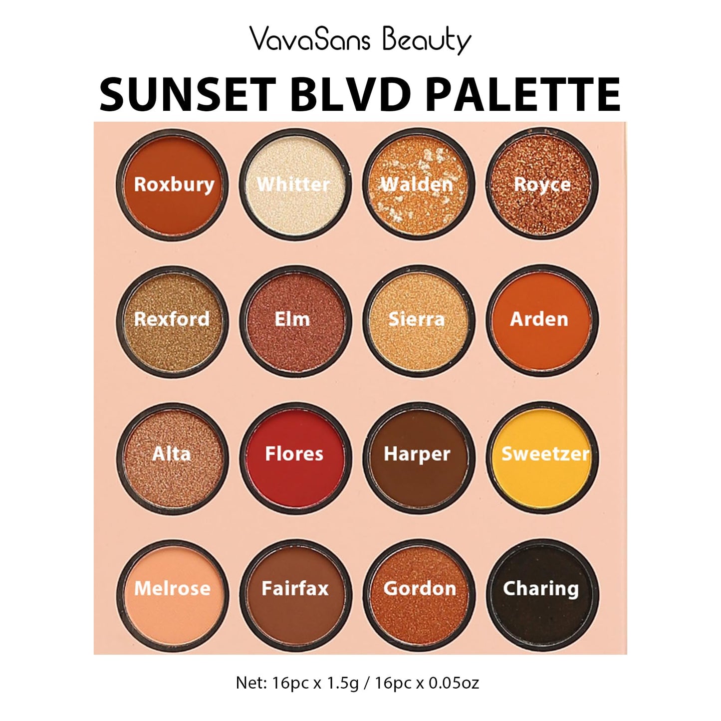 VavaSans Sunset Blvd Eyeshadow Palette 16 Colors Brown Nude Earth Tone Matte Glitter Shimmer Eye Shadow Long Lasting High Pigmented Blendable Smokey Eyeshadow Powder Makeup