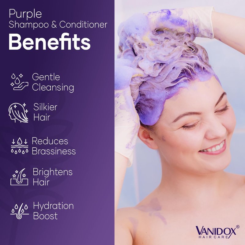 VANIDOX Sulfate Free Brass Toning Purple Shampoo and Conditioner Set for Grey and Silver Hair, Moisturizing & Color-Safe, Enhances Shine & Brightness, Made in USA (16 fl oz each)