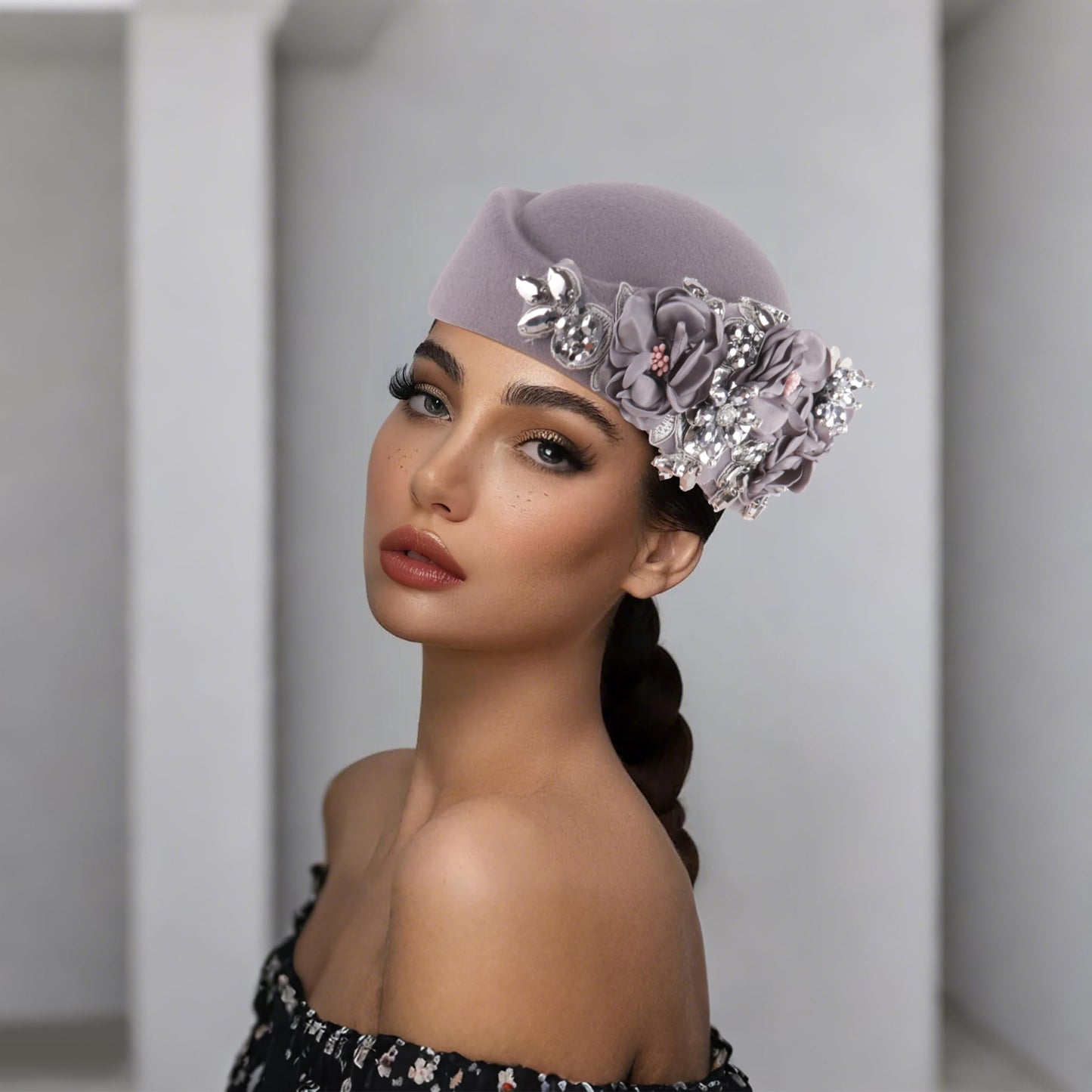 Beret Hats for Women British Felt hat Women's Church Derby Headdress Women's Floral hat Suitable for Wedding Parties Events (Gray)