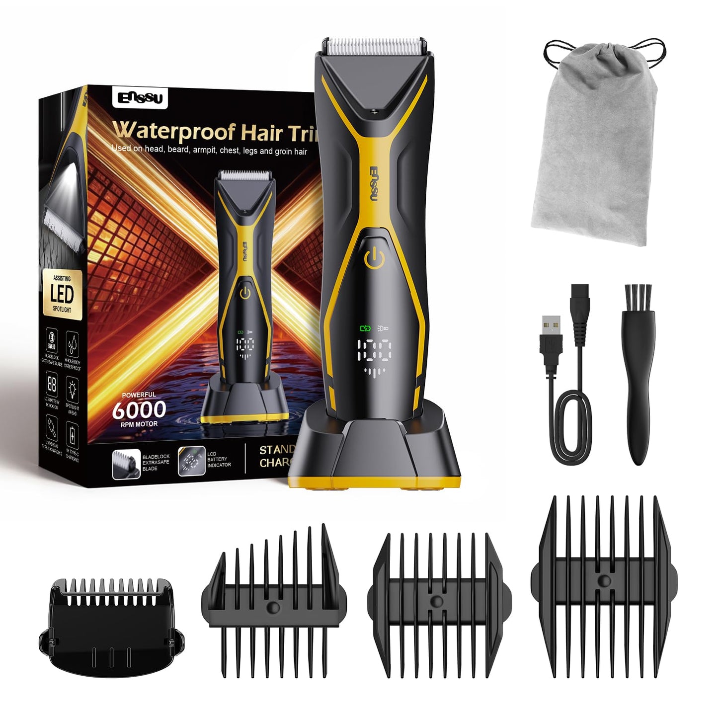 ENSSU Body Hair Trimmer for Men Manscape Trimmer for Men, Electric Ball Shavers with Ceramic Blades & BLADELOCK™, Pubic Hair Groomer IPX7 Waterproof Wet or Dry Use for Groin/Legs/Chest