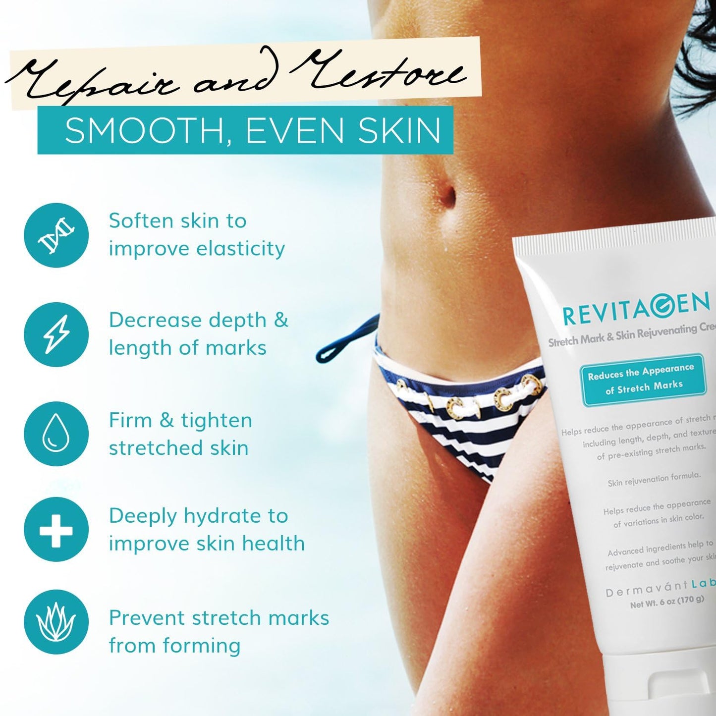 Best Stretch Mark Removal Cream - RevitaGen - Fade & Reduce Stretch Marks Caused by Weight Gain Pregnancy & Muscle Growth - Stop New Stretch Marks From Forming - Natural Moisturizing Treatment with Peptides & Botanicals - Stretch Mark Reducer (6 oz)