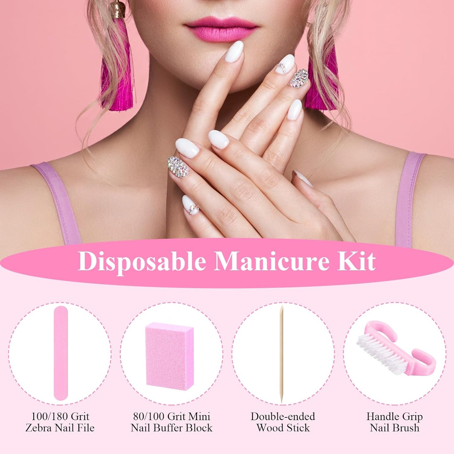 Professional Disposable Manicure Kit - 100 Sets of 4-Piece Nail Essentials | Pink Wood File & Buffer